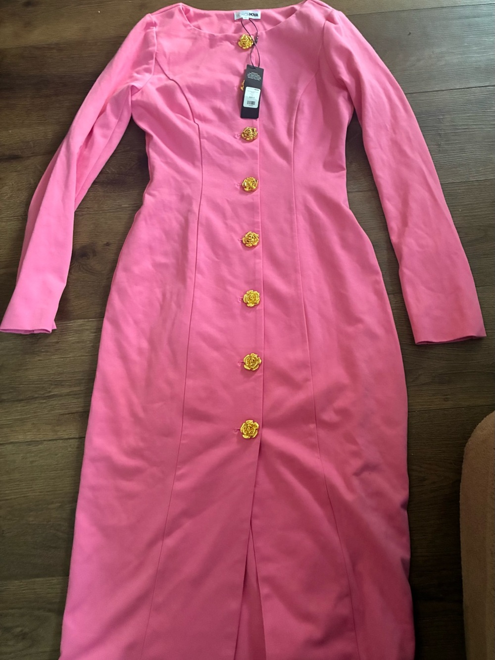 Pink Long Sleeve Midi Dress with Gold Floral Buttons
